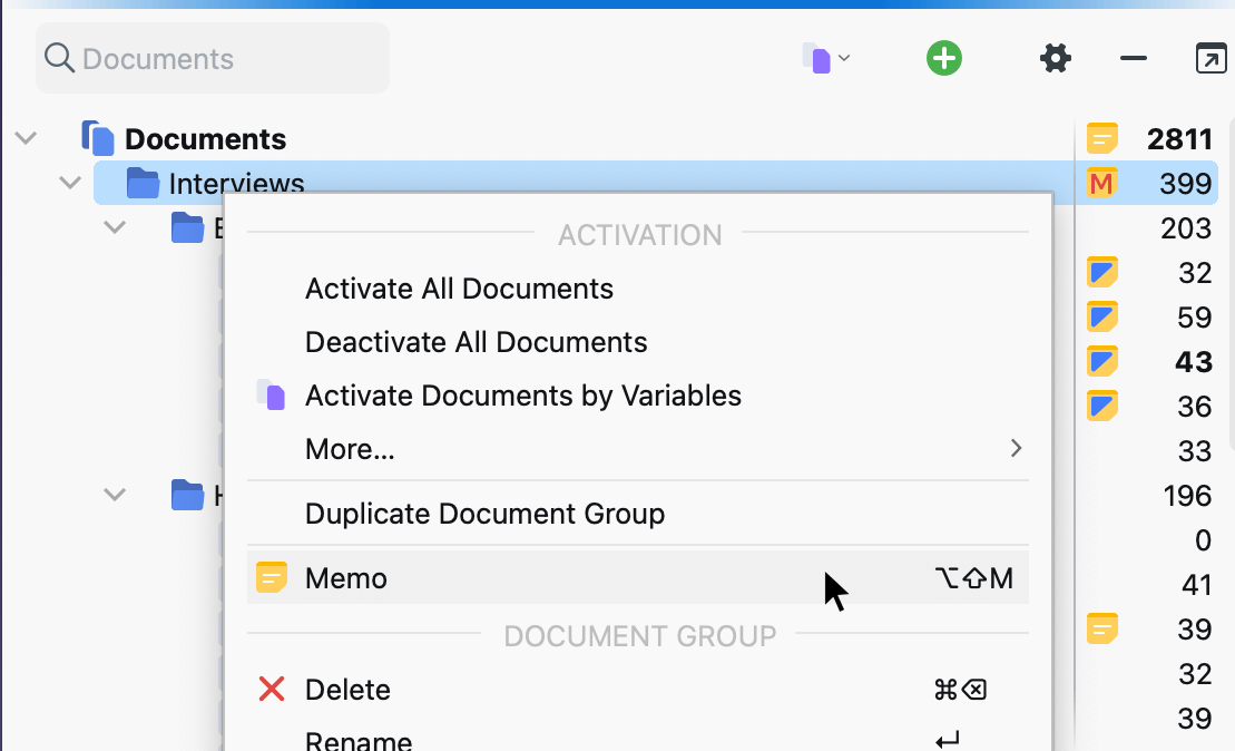 Creating a memo for a document via the context menu Creating a memo for a document via the context menu