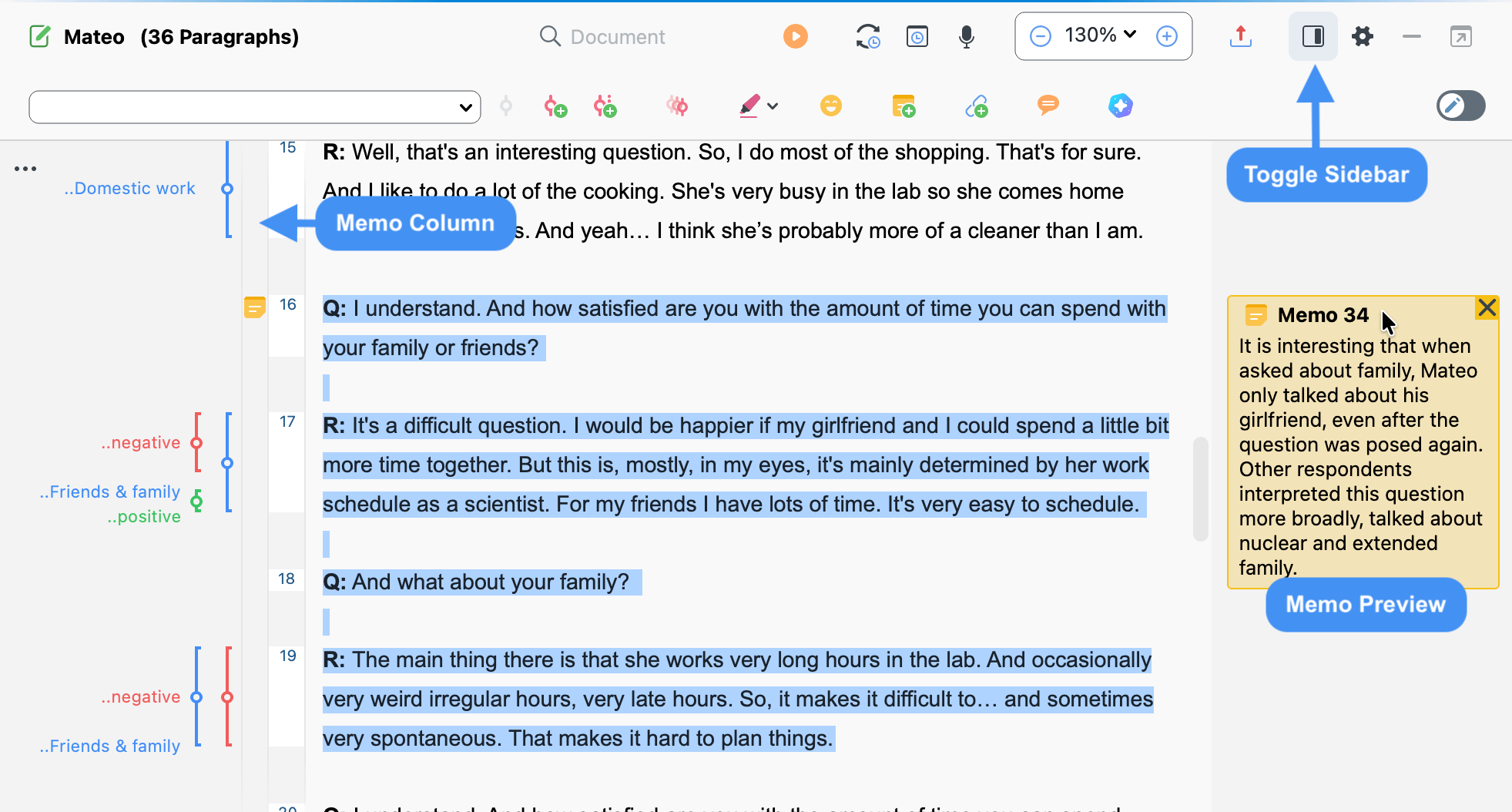 Screenshot of the Document Browser showing a memo preview in the sidebar aligned with coded segments, with options to toggle memos, comments, and paraphrases