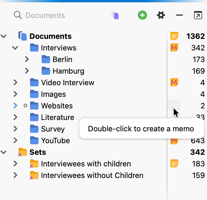 The Documents window showing examples of project, document, document group, and document set memos in the memo column, as well as where to right-click to create a new memo