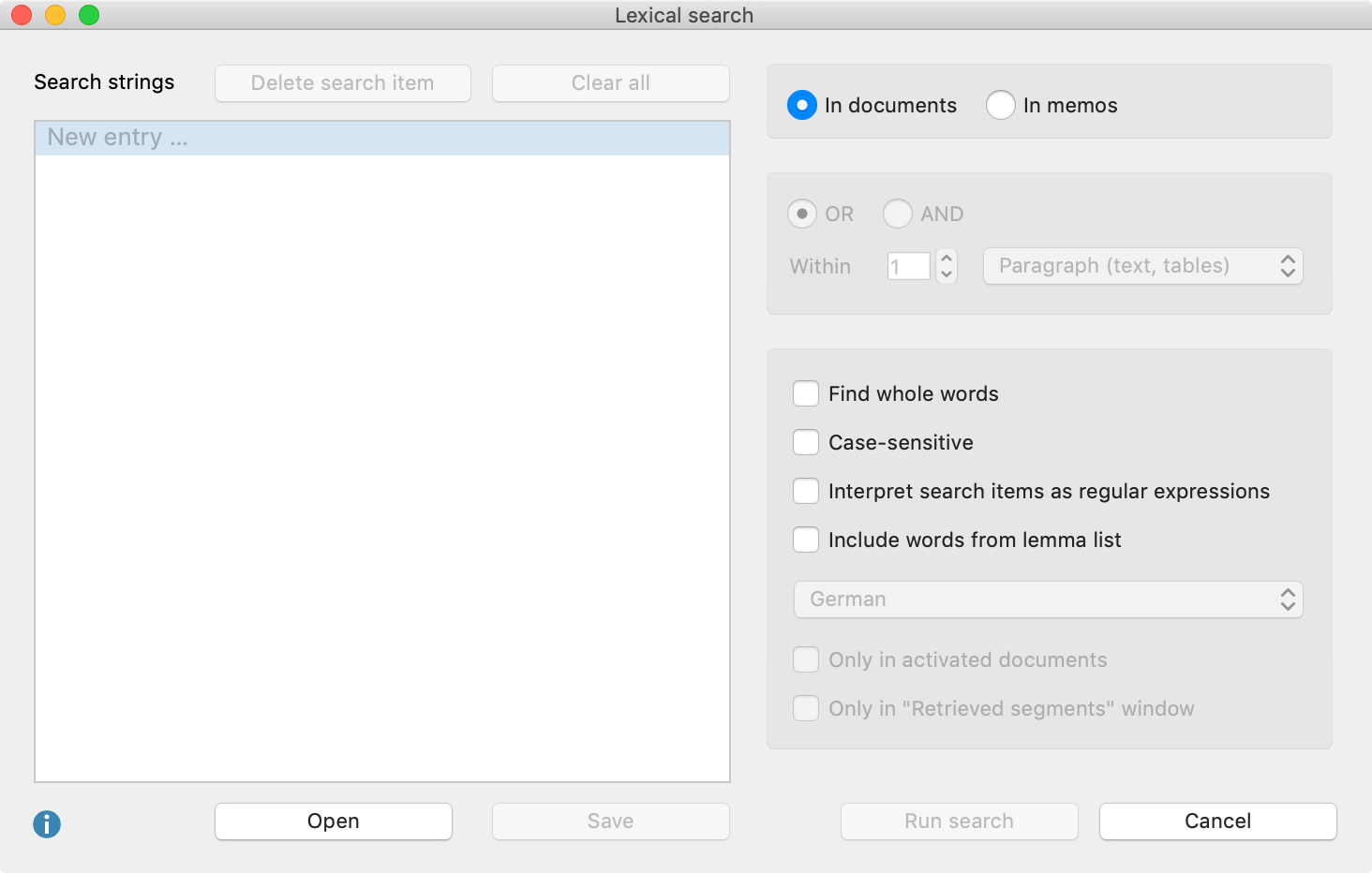 The dialog window for the lexical search