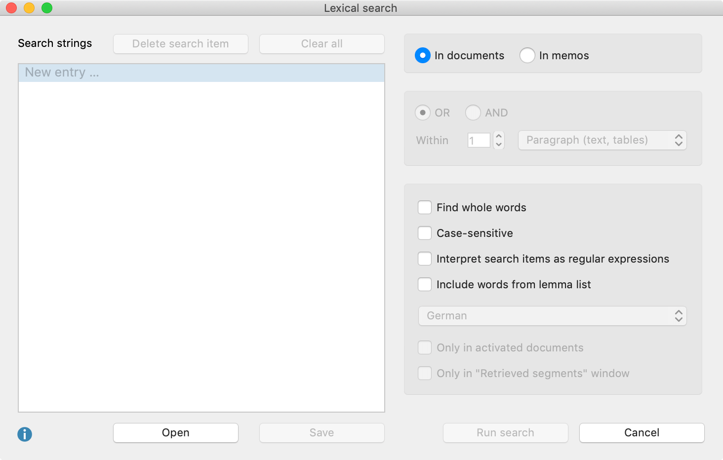 The dialog window for the lexical search The dialog window for the lexical search