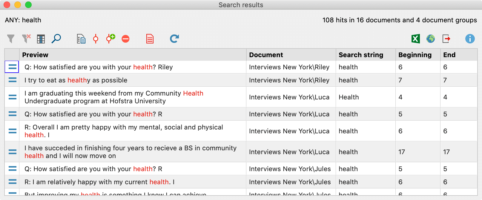 Example search results
