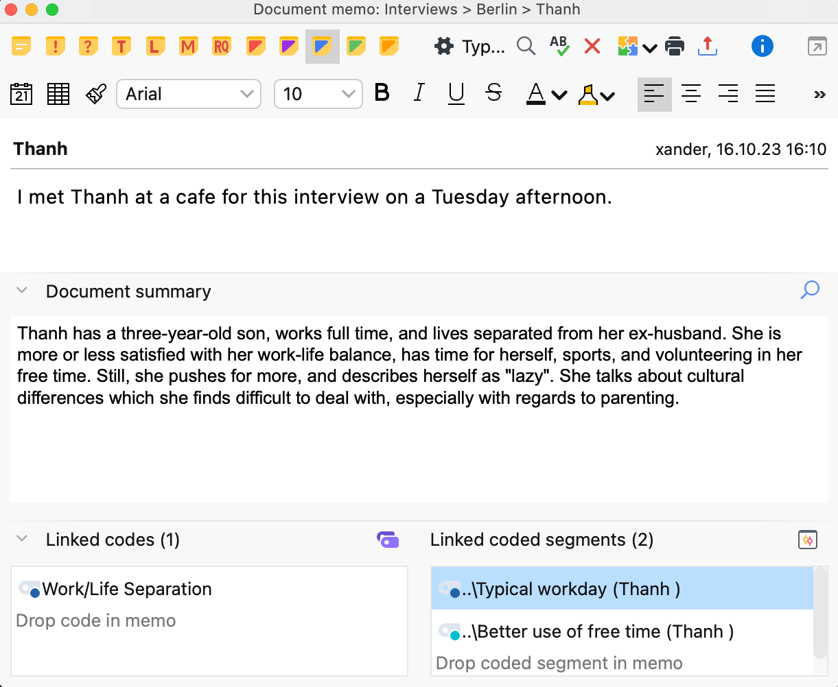 Coded segments linked to a memo Coded segments linked to a memo