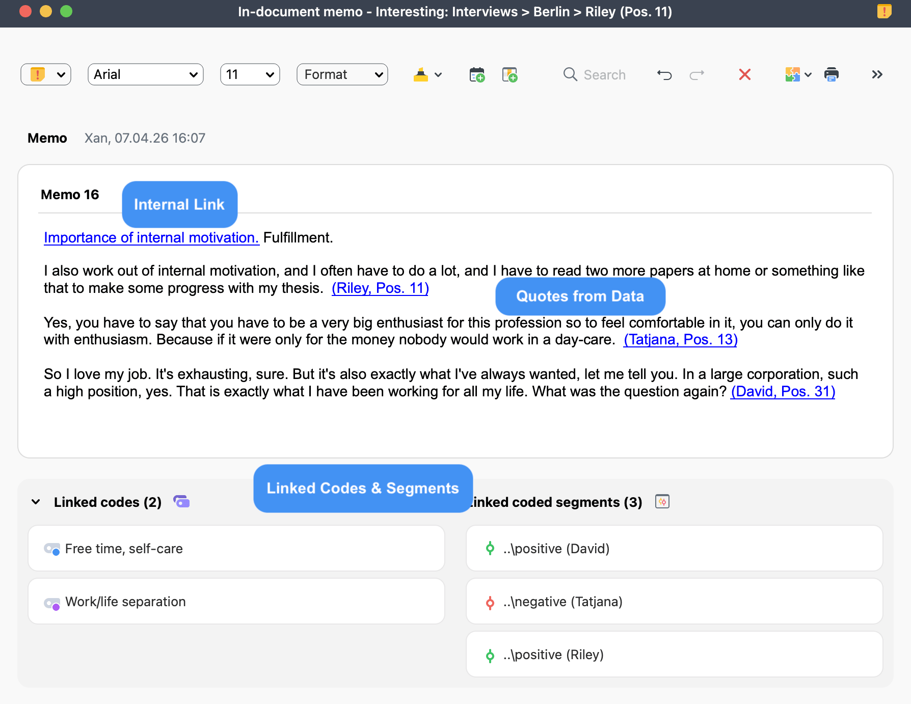 Memo window displaying linked quotes from data, internal links, and associated codes and coded segments in the Linked Items section