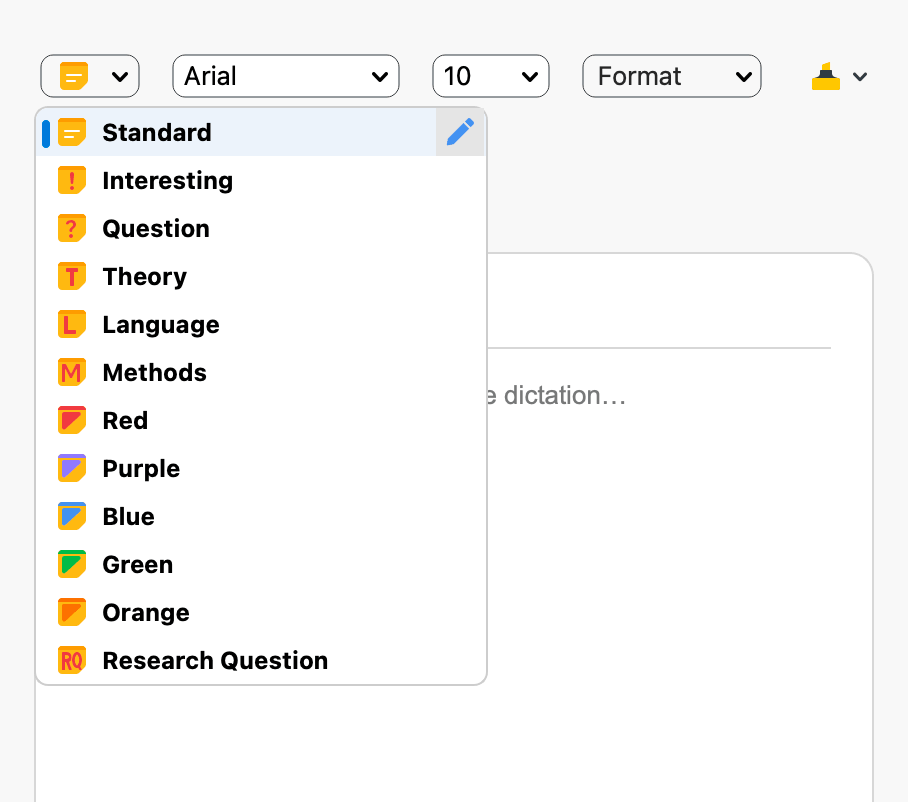 The memo window showing the label dropdown with available labels and edit icons