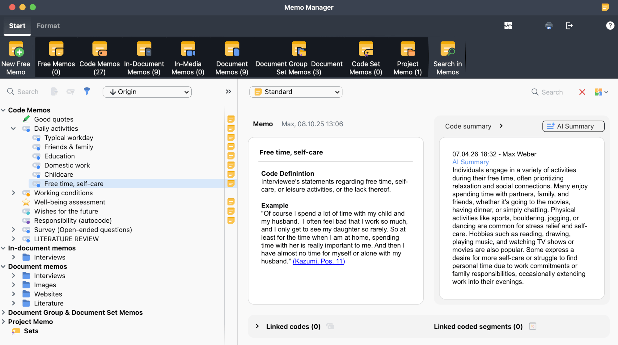The Memo Manager showing a selected memo open on the right with the memo text, summary panel, and linked items area