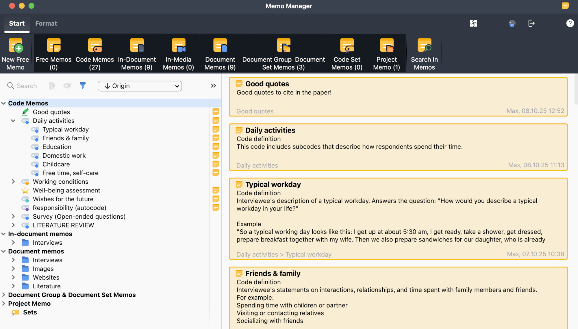 Memo Manager with memo-type buttons, the memo tree pane, and preview cards pane