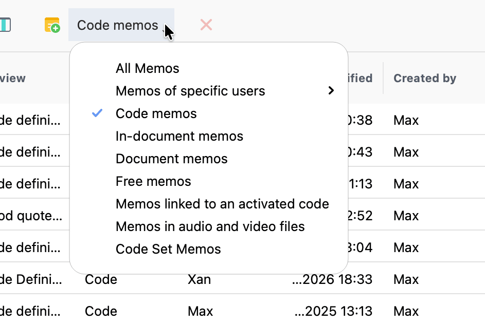 Predefined filter dropdown in the "Overview of Memos"