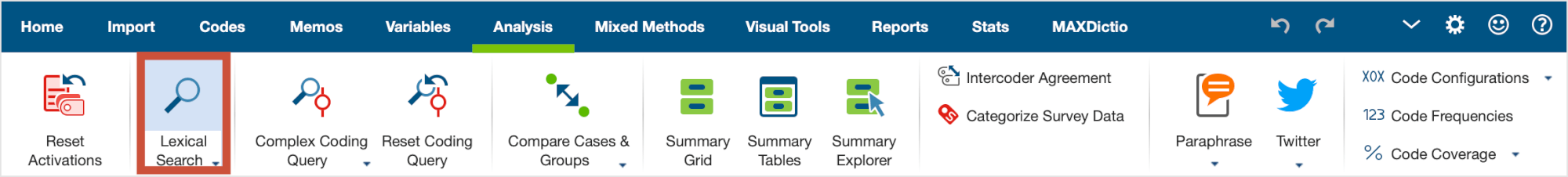 Lexical search icon in the Analysis menu tab Lexical search icon in the “Analysis” menu tab