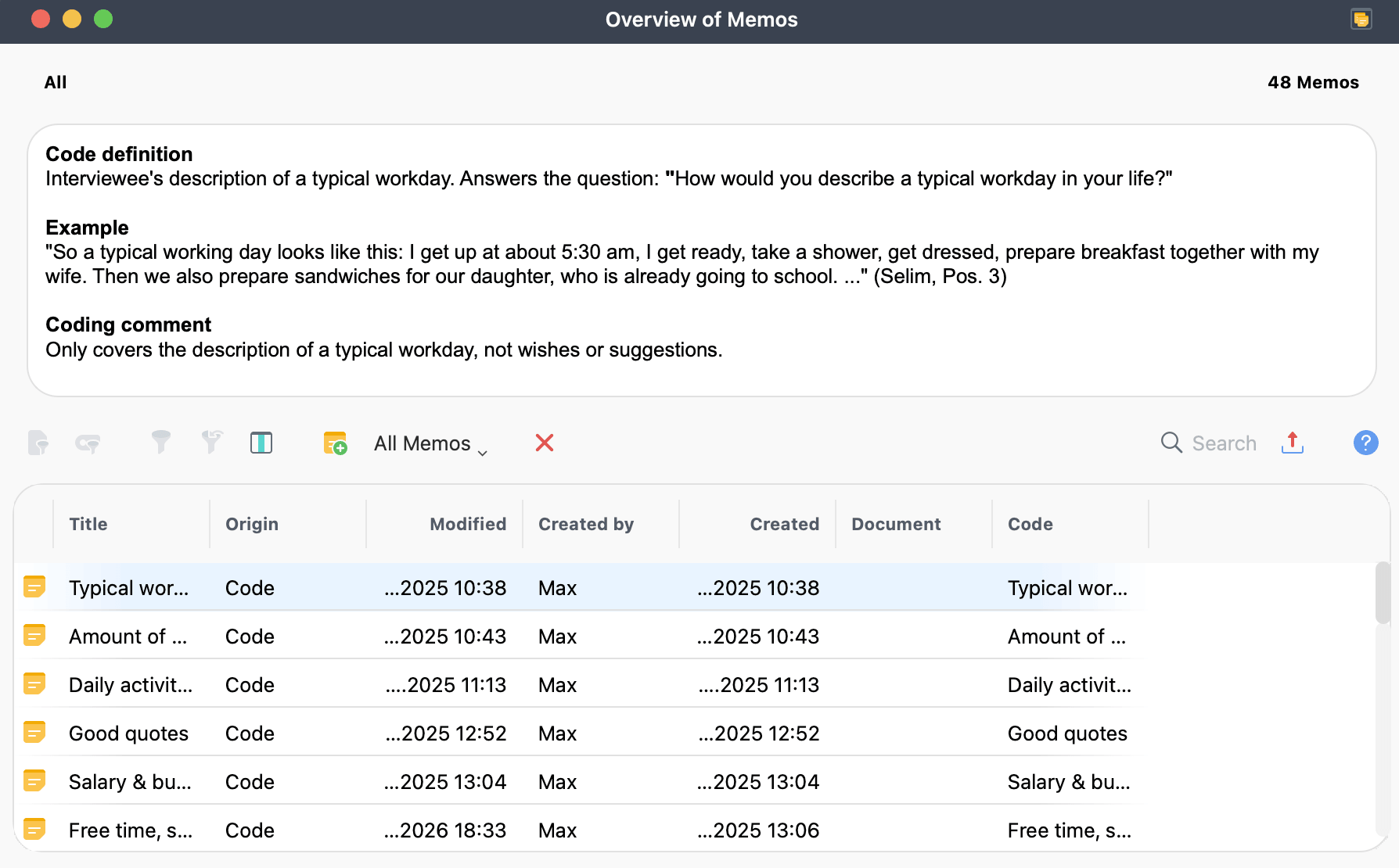 The 'Overview of Memos' window with example data