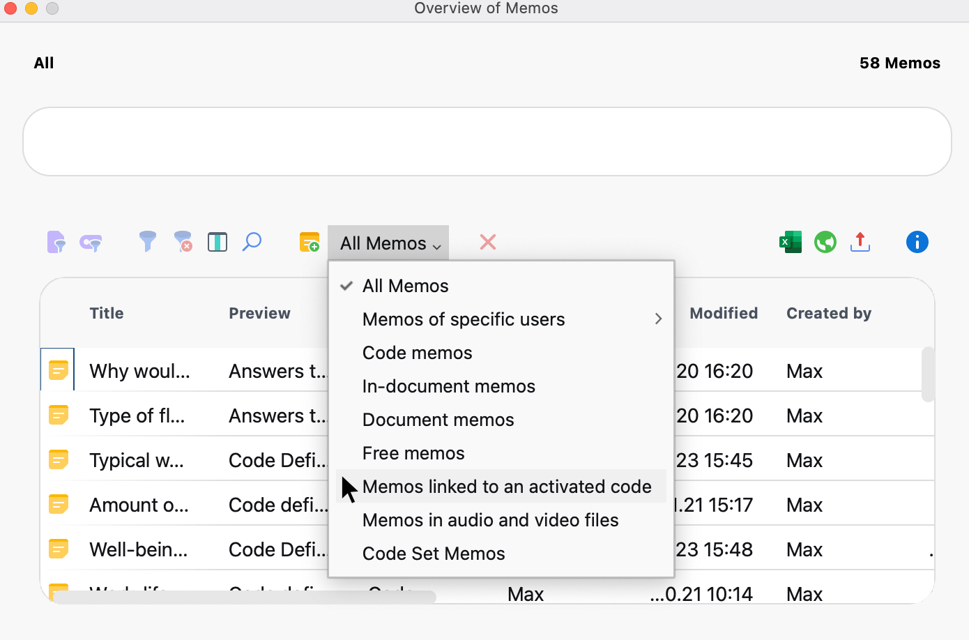 Memos of activated codes in the “Overview of Memos” Memos of activated codes in the “Overview of Memos”