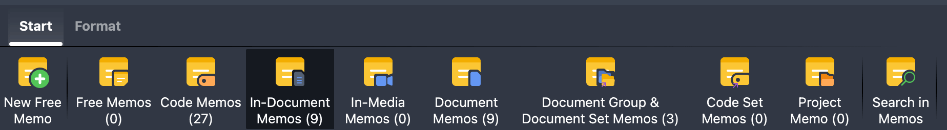 Start menu with only in-document memos selected