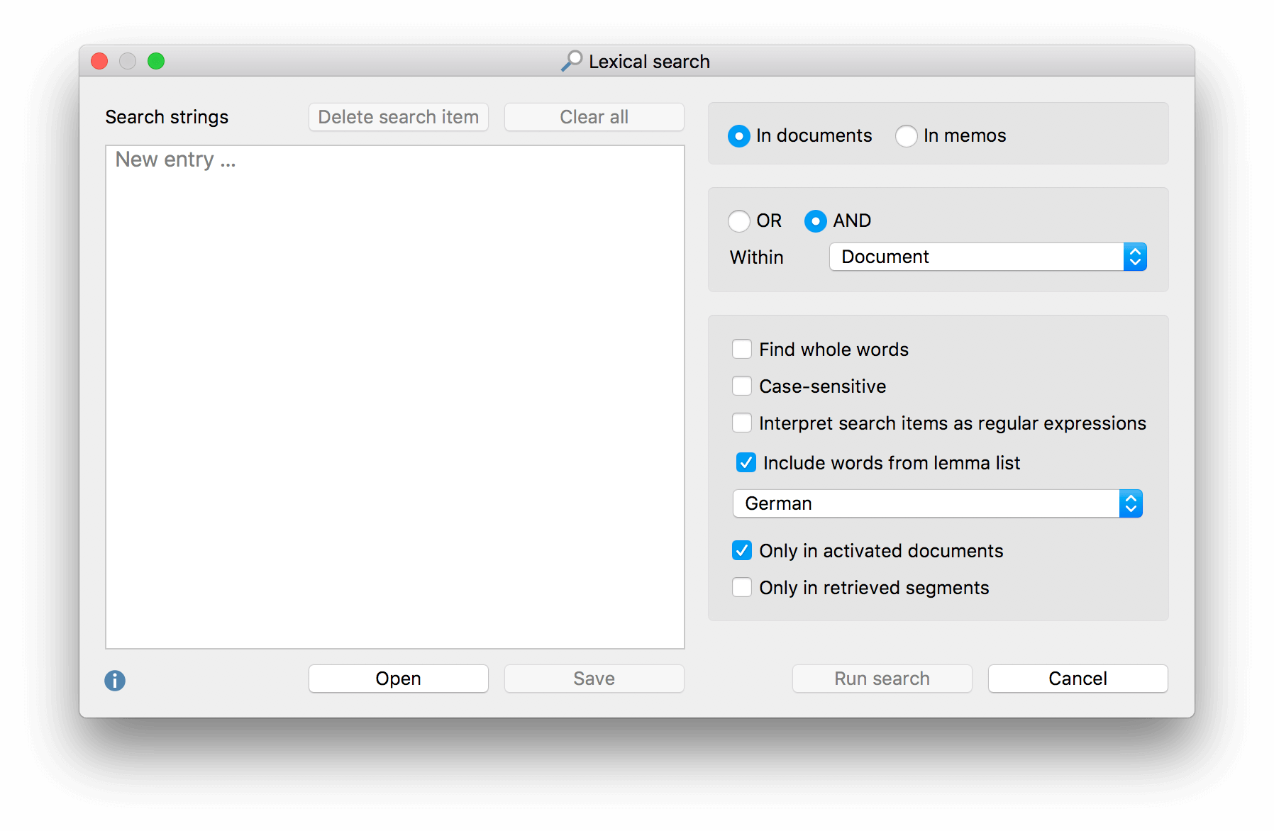 The dialog window for the lexical search The dialog window for the lexical search