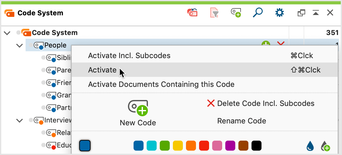 Activating a code via the context menu Activating a code via the context menu