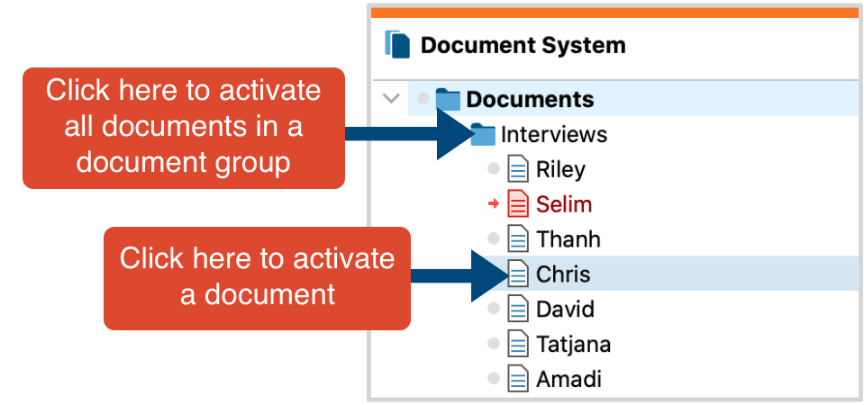 Activate documents by clicking on the symbol with the mouse