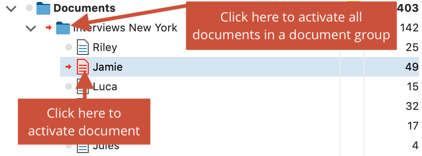 Activate documents by clicking on the symbol with the mouse