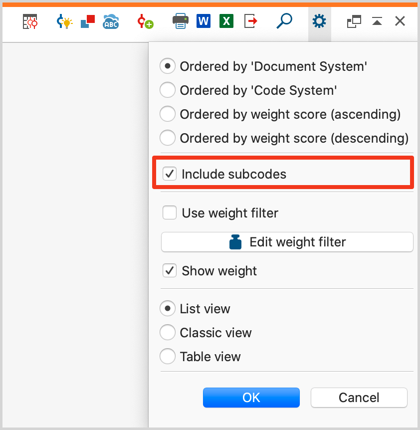 The “Include subcodes” option in the context menu of the “Retrieved Segments” window