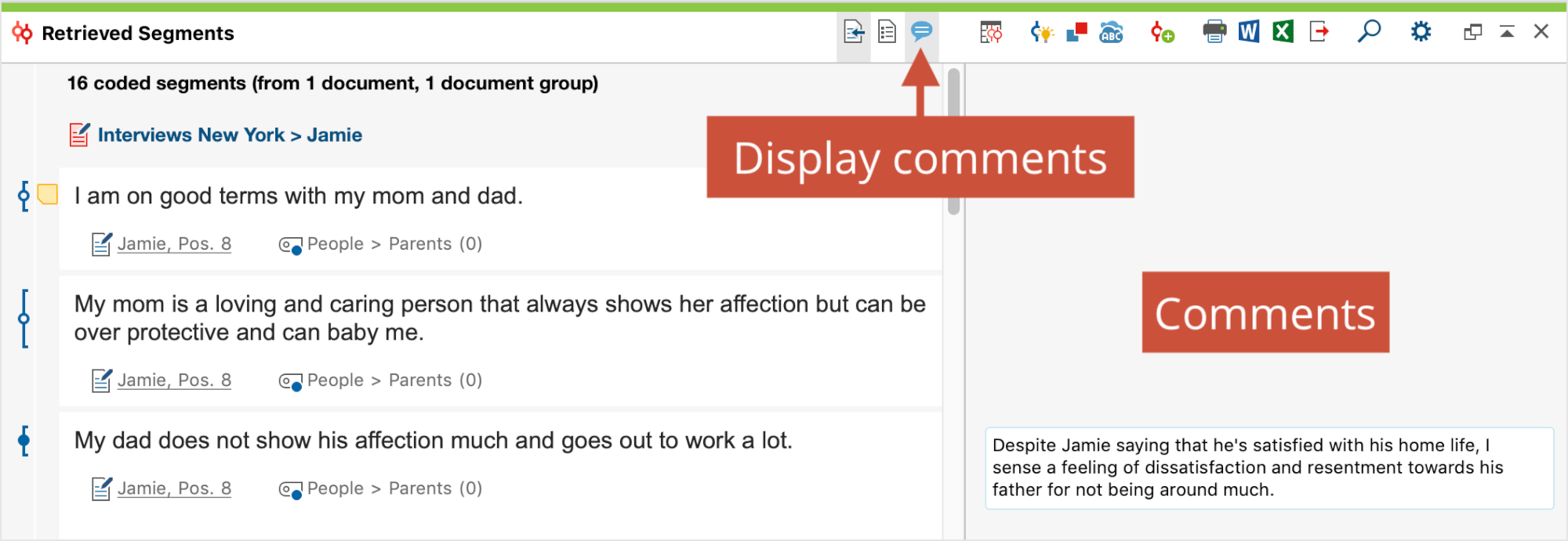 Comment column in the Retrieved Segments window Comment column in the Retrieved Segments window