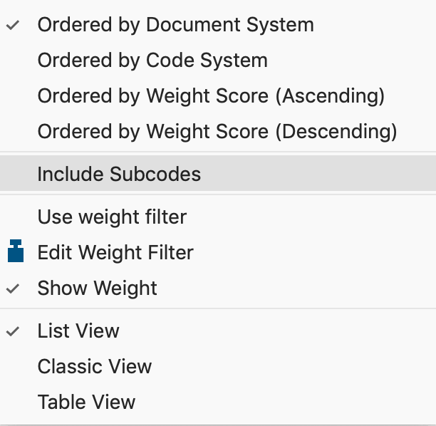 The “Include subcodes” option in the context menu of the “List of coded segments” The “Include subcodes” option in the context menu of the “List of coded segments”