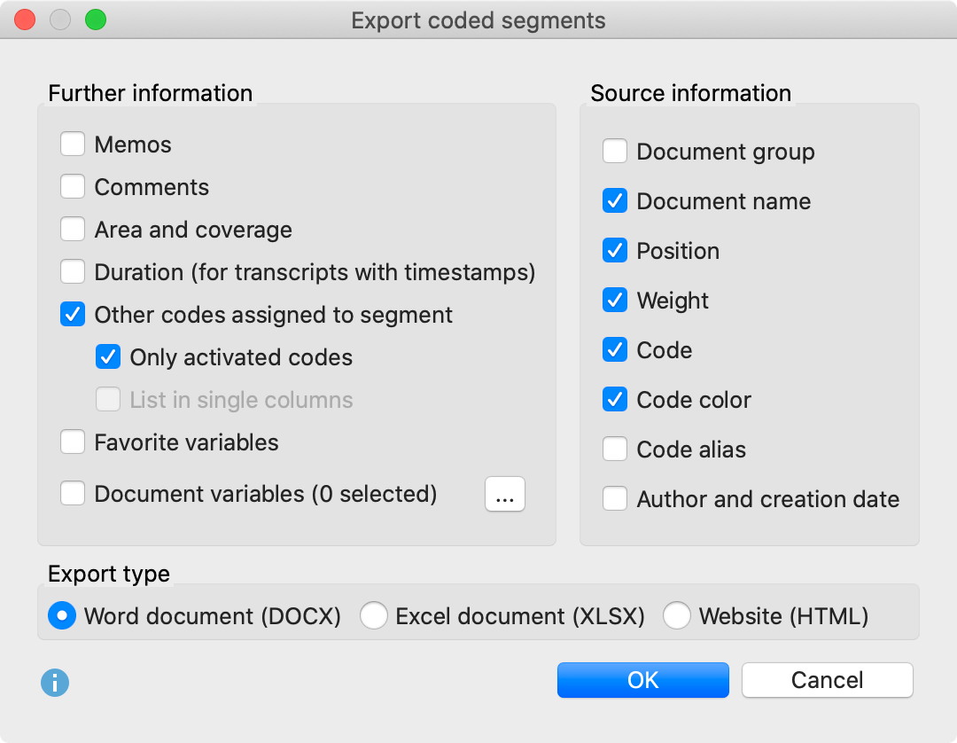 Options for the export of retrieved segments Options for the export of retrieved segments