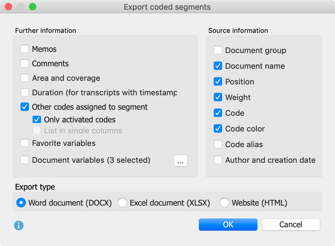 Options for the export of retrieved segments Options for the export of retrieved segments