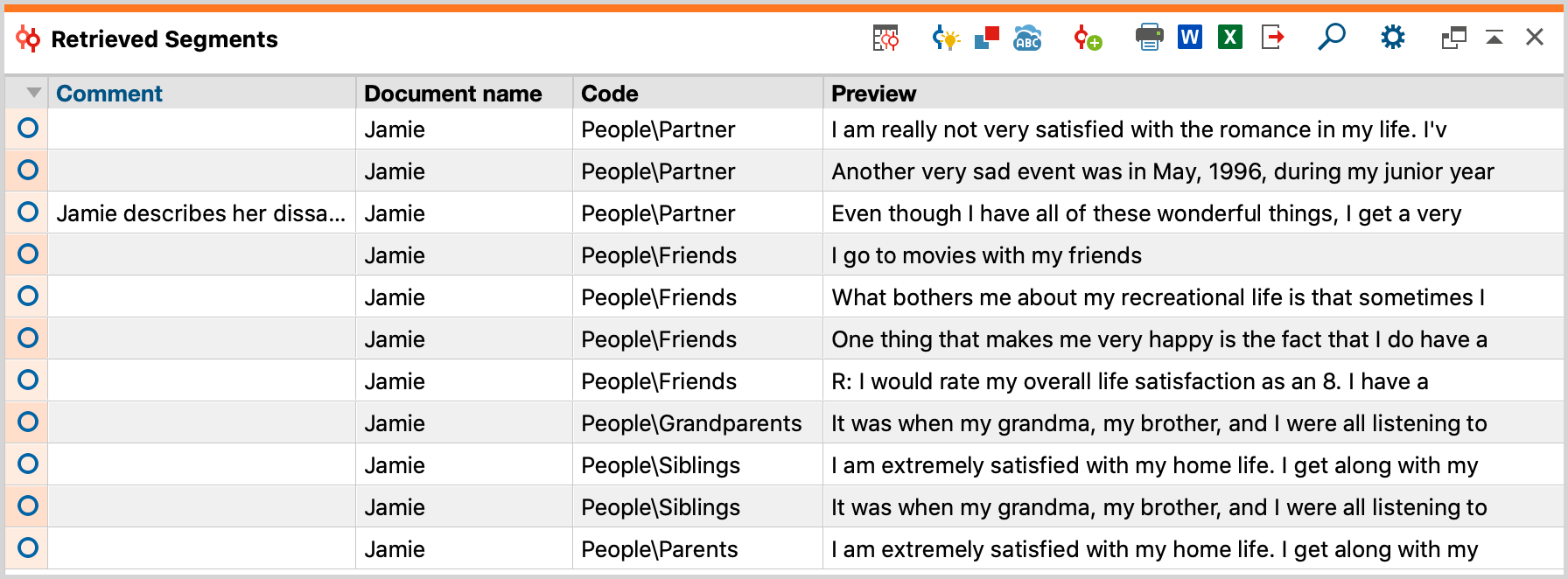 The “Retrieved Segments” in a table view The “Retrieved Segments” in a table view