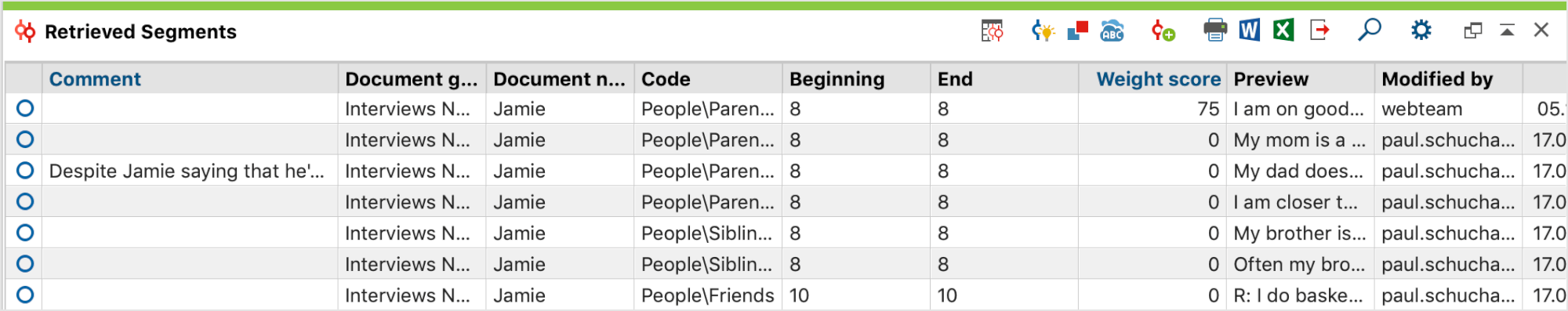 The “Retrieved Segments” in a table view The “Retrieved Segments” in a table view