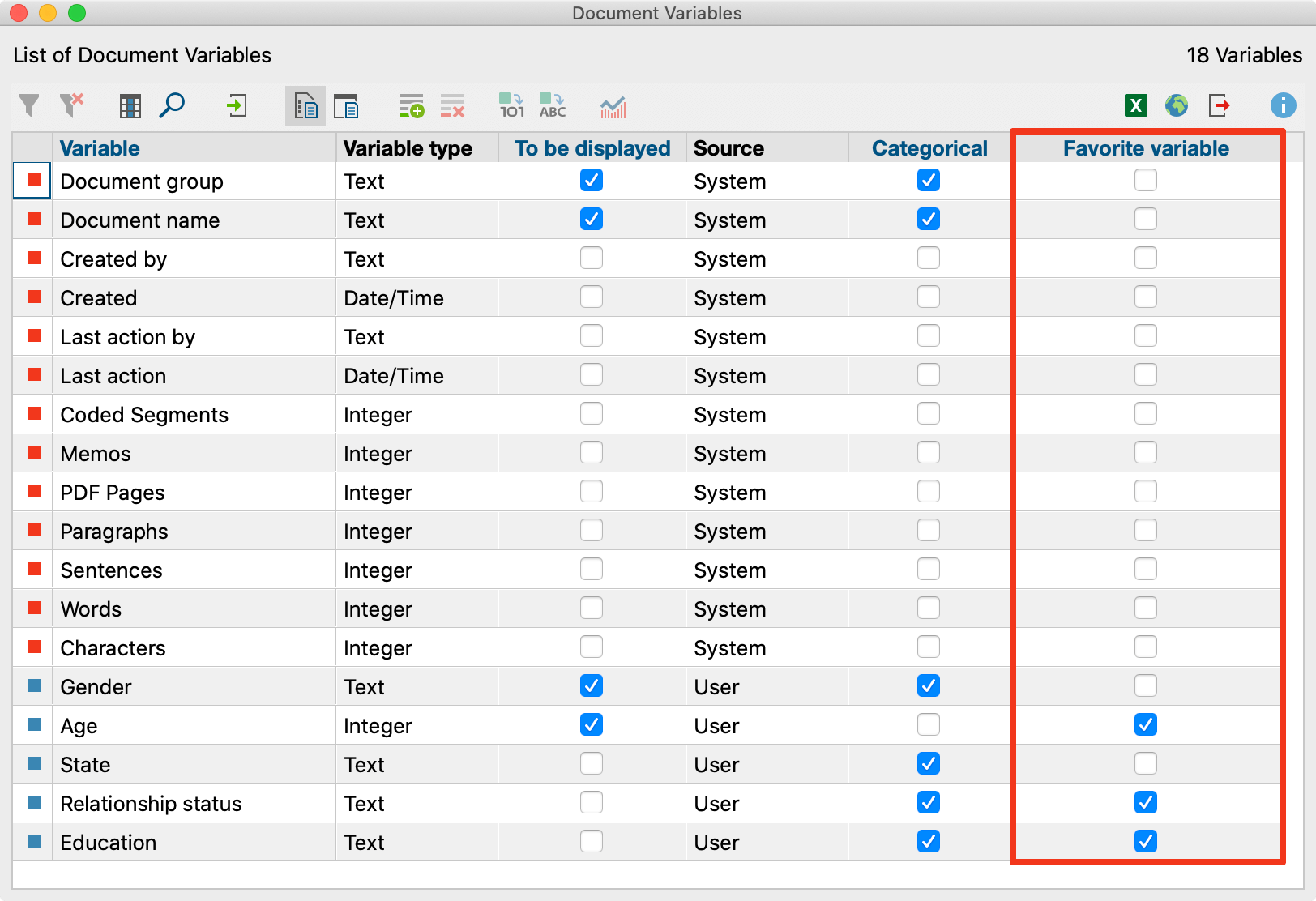 Selecting Favorite Variables in the List of Document Variables