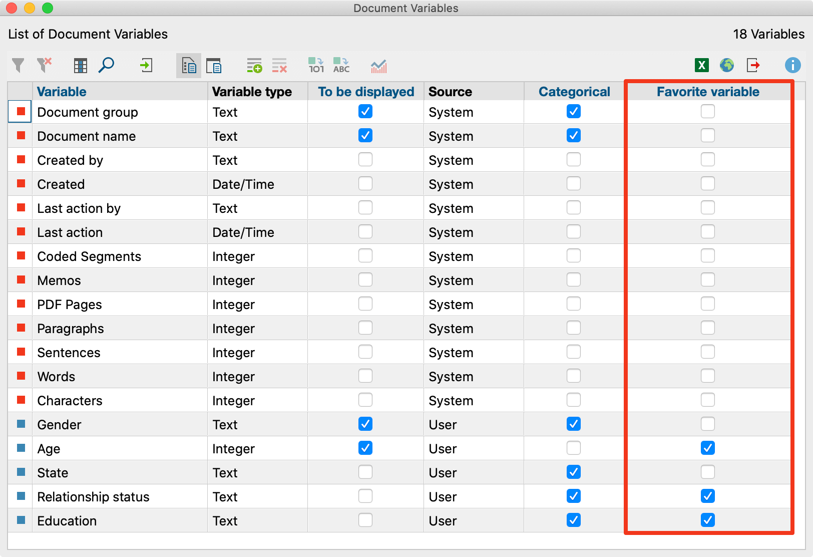 Selecting Favorite Variables in the List of Document Variables Selecting Favorite Variables in the List of Document Variables