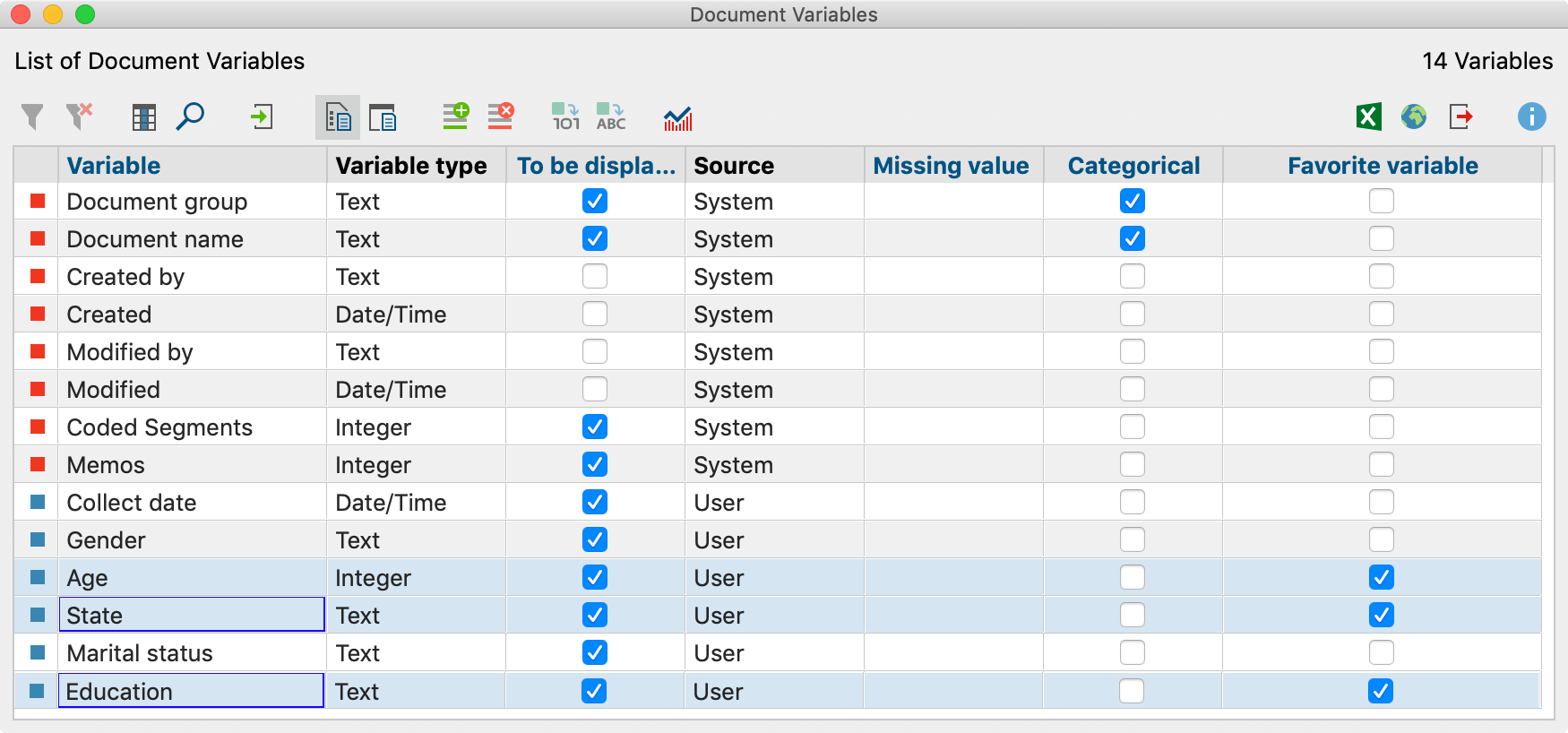 Selecting Favorite Variables in the List of Document Variables
(selected variables are additionally highlighted in blue here) Selecting Favorite Variables in the List of Document Variables
(selected variables are additionally highlighted in blue here)