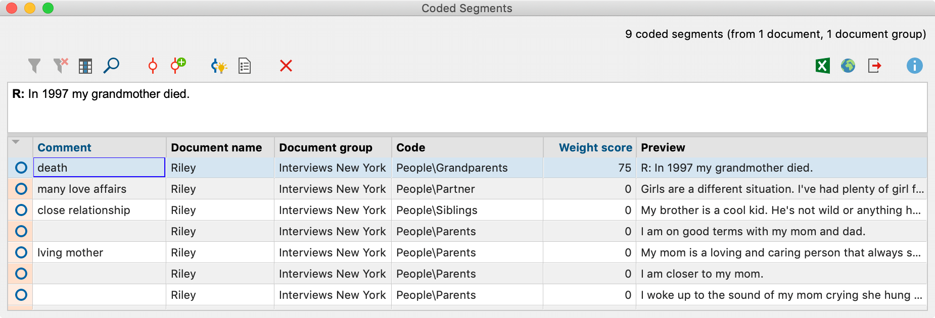 The two-section window in the Overview of Retrieved Segments The two-section window in the Overview of Retrieved Segments