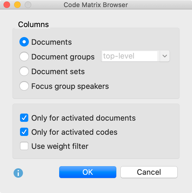 Code Matrix Browser options dialog window