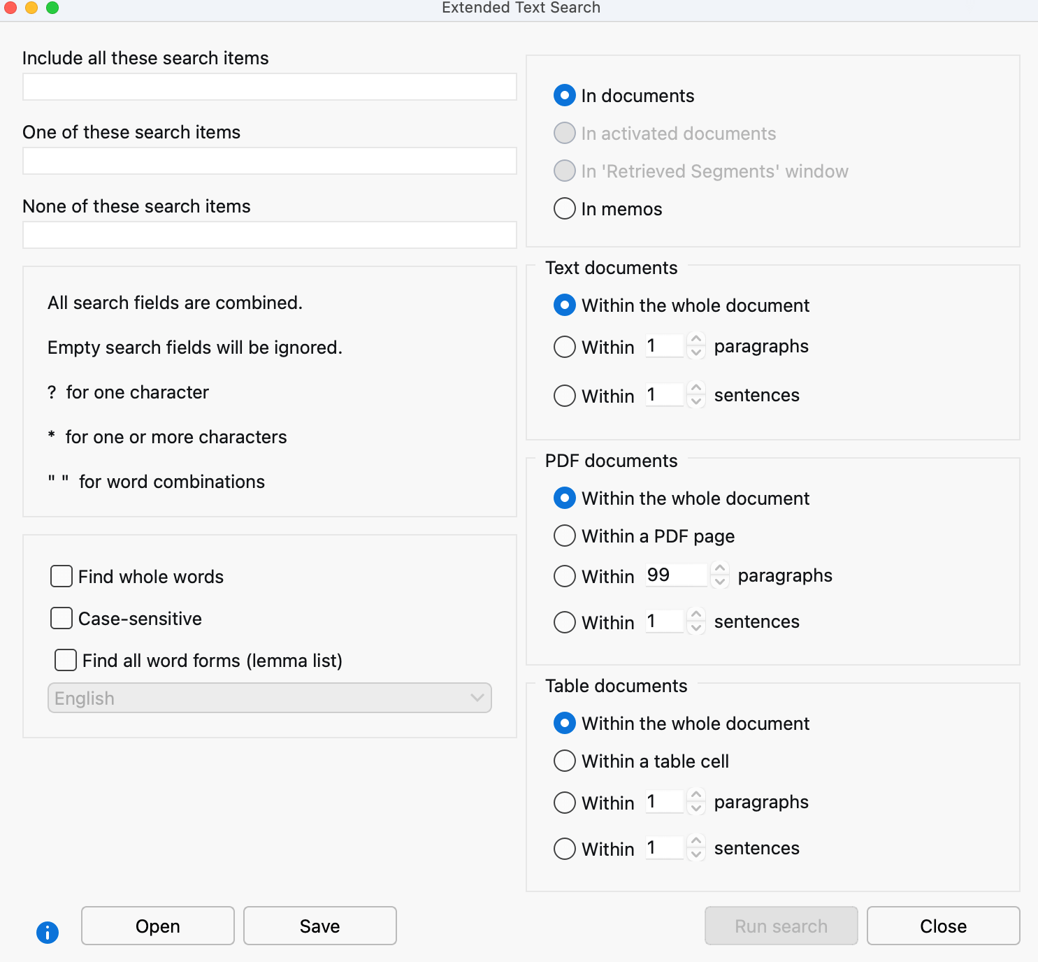 Extended Text Search window Extended Text Search window