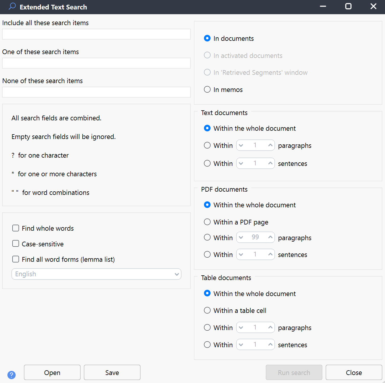 Extended Text Search window Extended Text Search window