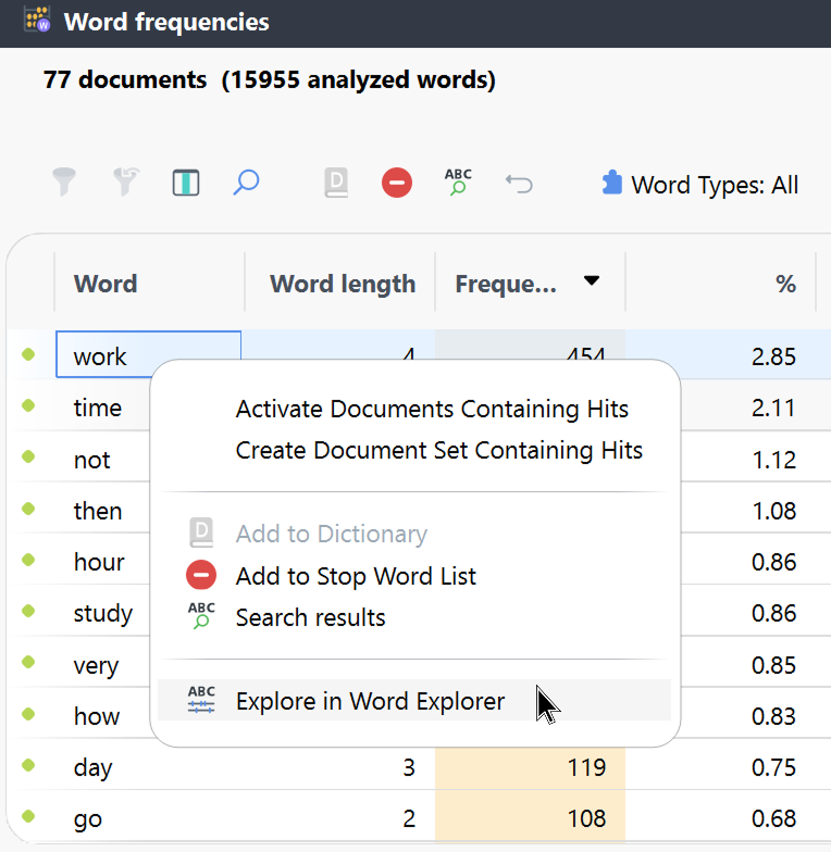 Start Word Explorer via context menu from the word frequency list Start Word Explorer via context menu from the word frequency list