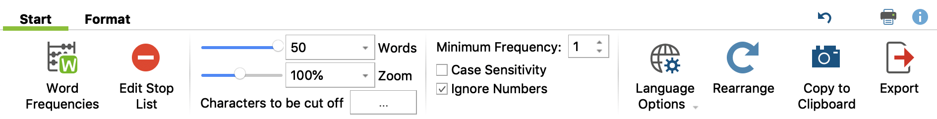 Functions in the Start tab Functions in the Start tab