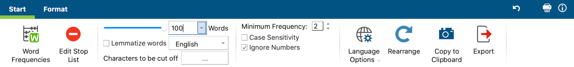 Functions in the Start tab