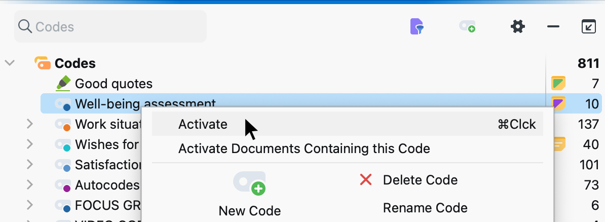 Activating a code via the context menu Activating a code via the context menu