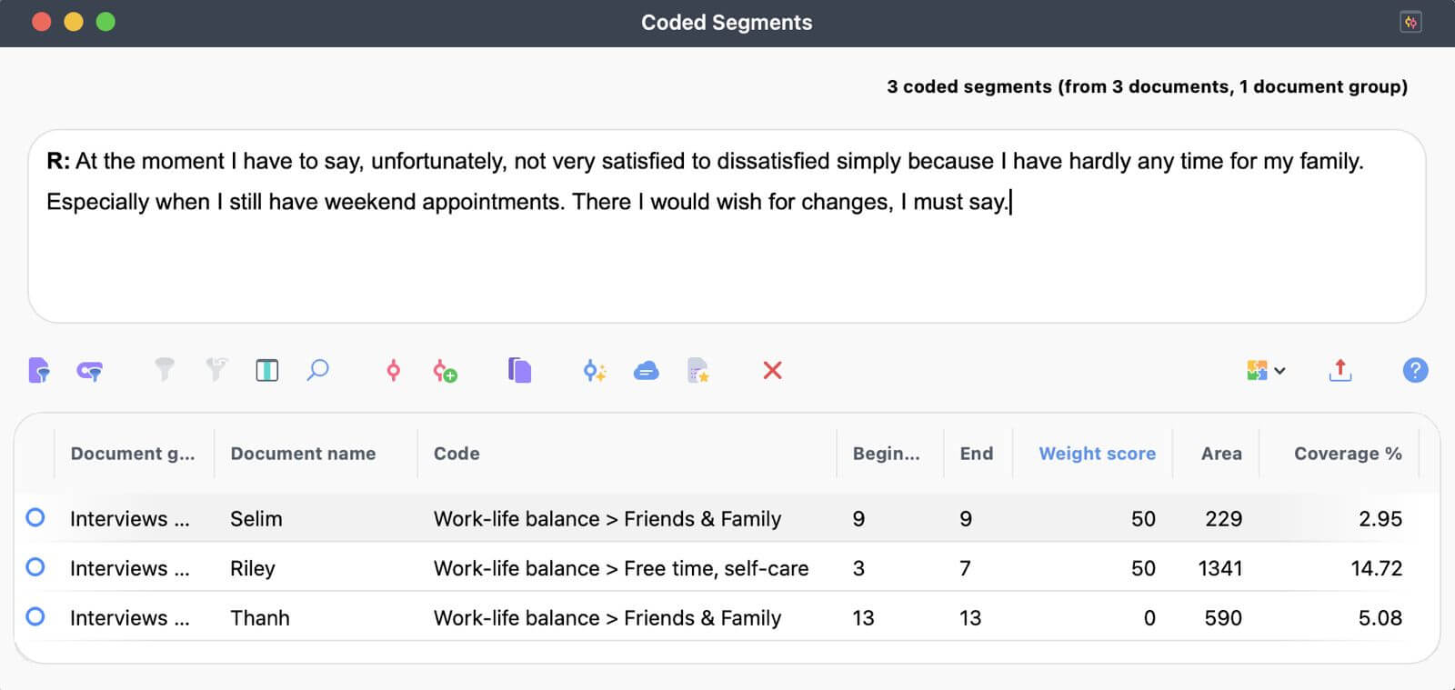 Example screenshot of randomly retrieved segments in the 'Overirview of Coded Segments' window in MAXQDA