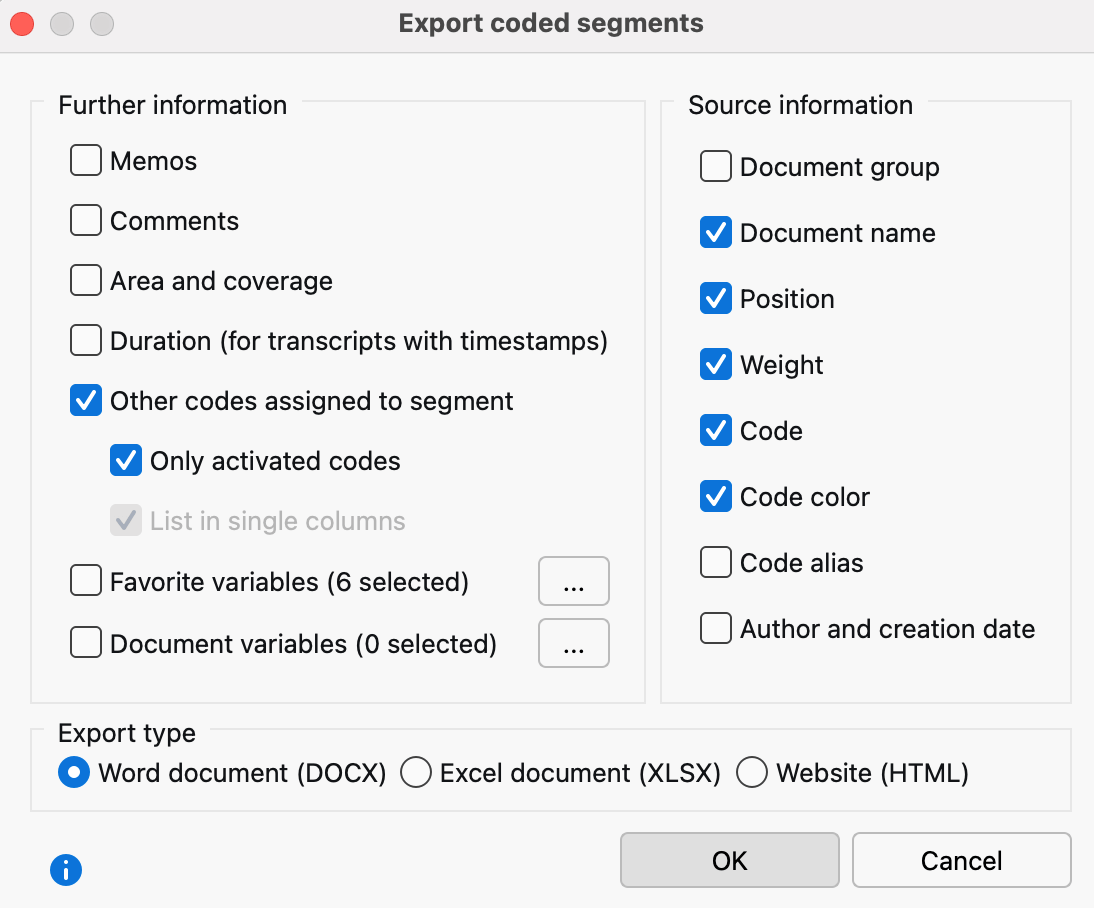 Options for the export of retrieved segments Options for the export of retrieved segments