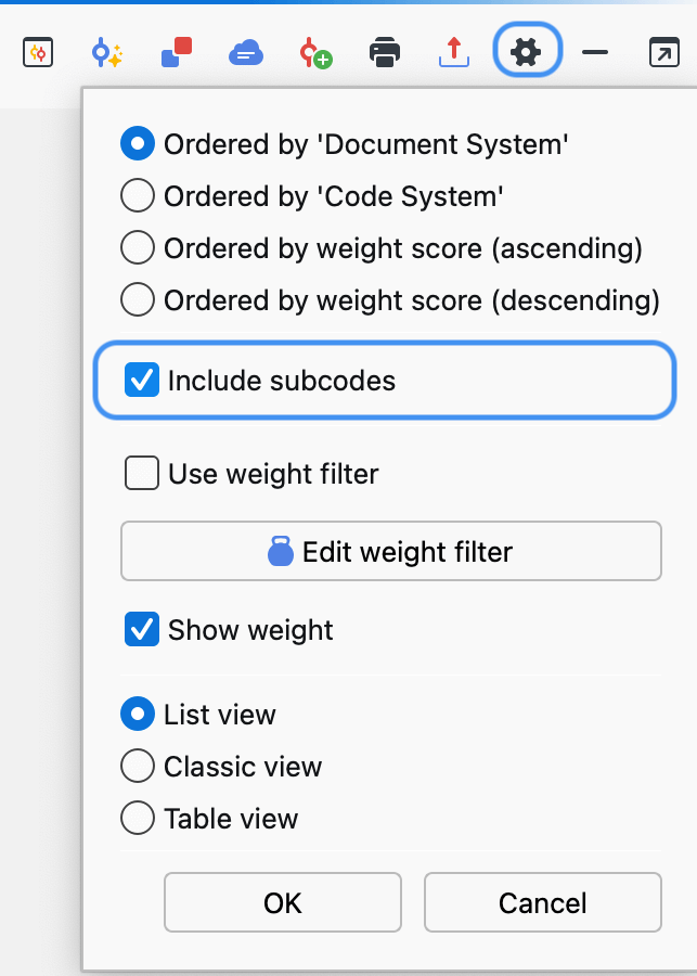 The “Include subcodes” option in the preferences menu of the “Retrieved Segments” window The “Include subcodes” option in the preferences menu of the “Retrieved Segments” window