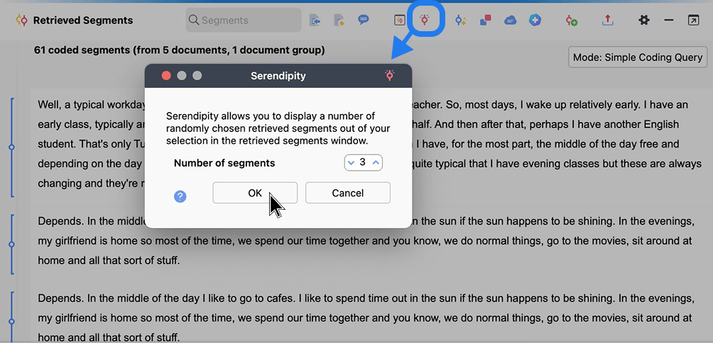 Screenshot highlighting the Serendipity icon in the 'Retrieved Segments' window toolbar with the Serendibity dialog box open in MAXQDA
