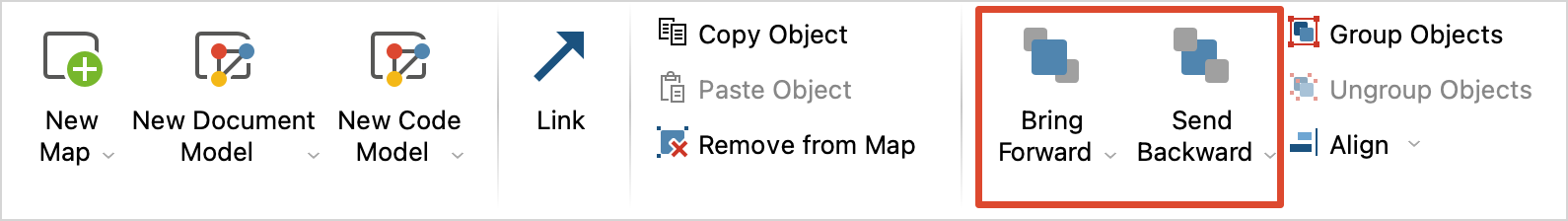 You can move objects further forward or back with the icons framed in red.