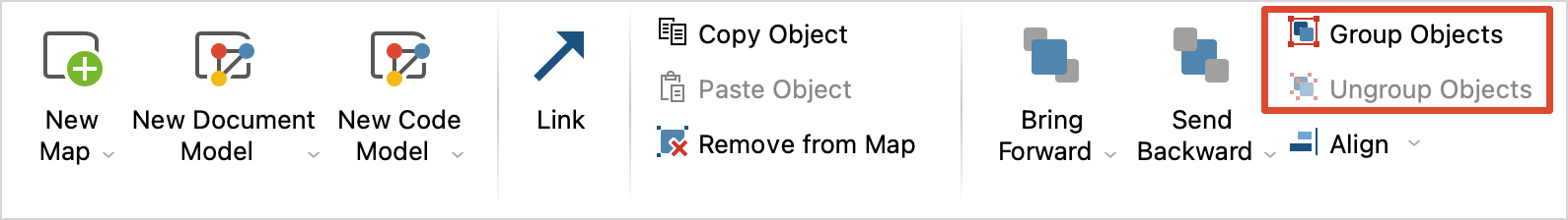 You can group and ungroup objects with the icons framed in red.