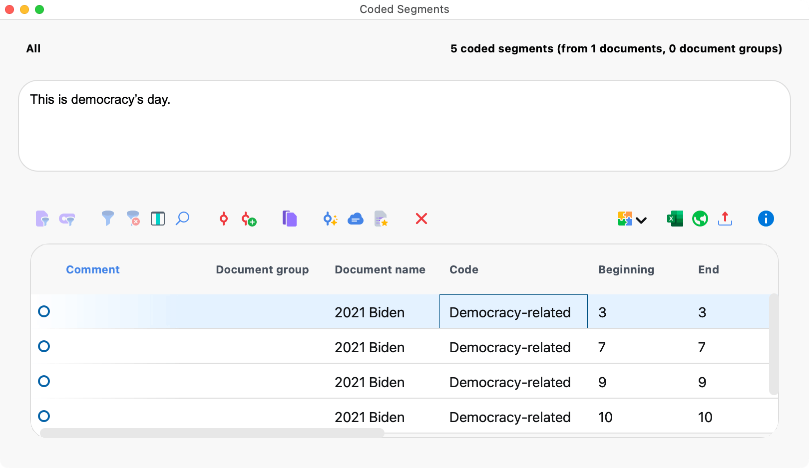 Listing of coded segments Listing of coded segments
