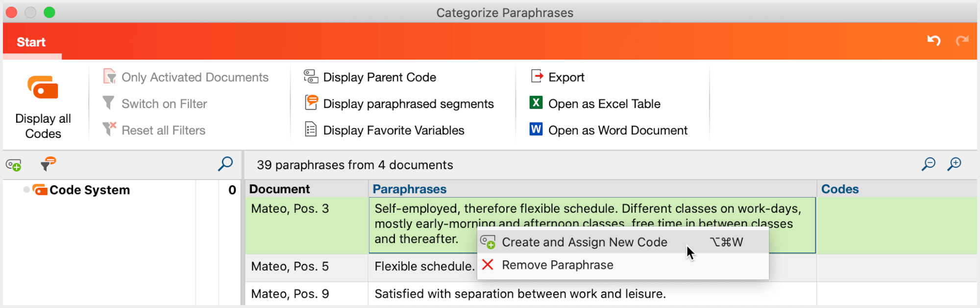 Selecting a function from the context menu of a paraphrase Selecting a function from the context menu of a paraphrase