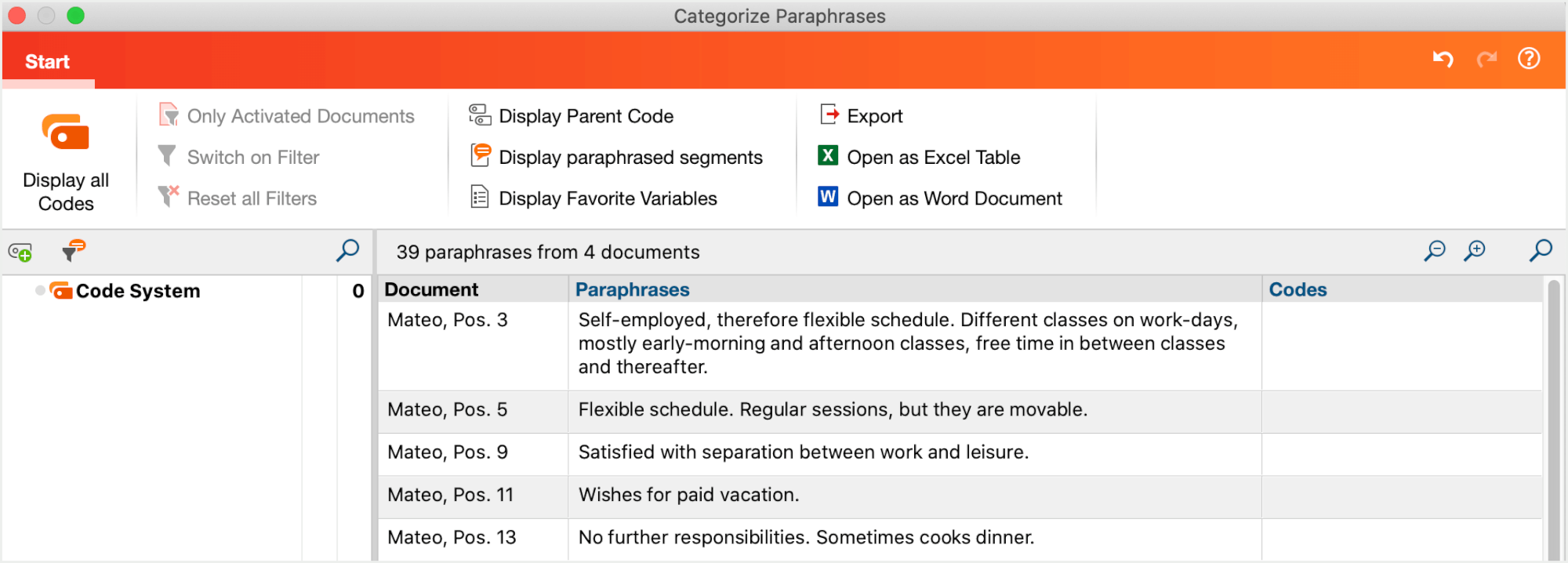 Interactive table window for categorizing paraphrases