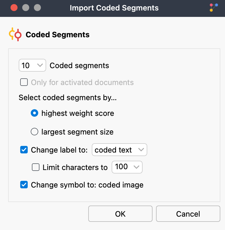 Import options for coded segments Import options for coded segments