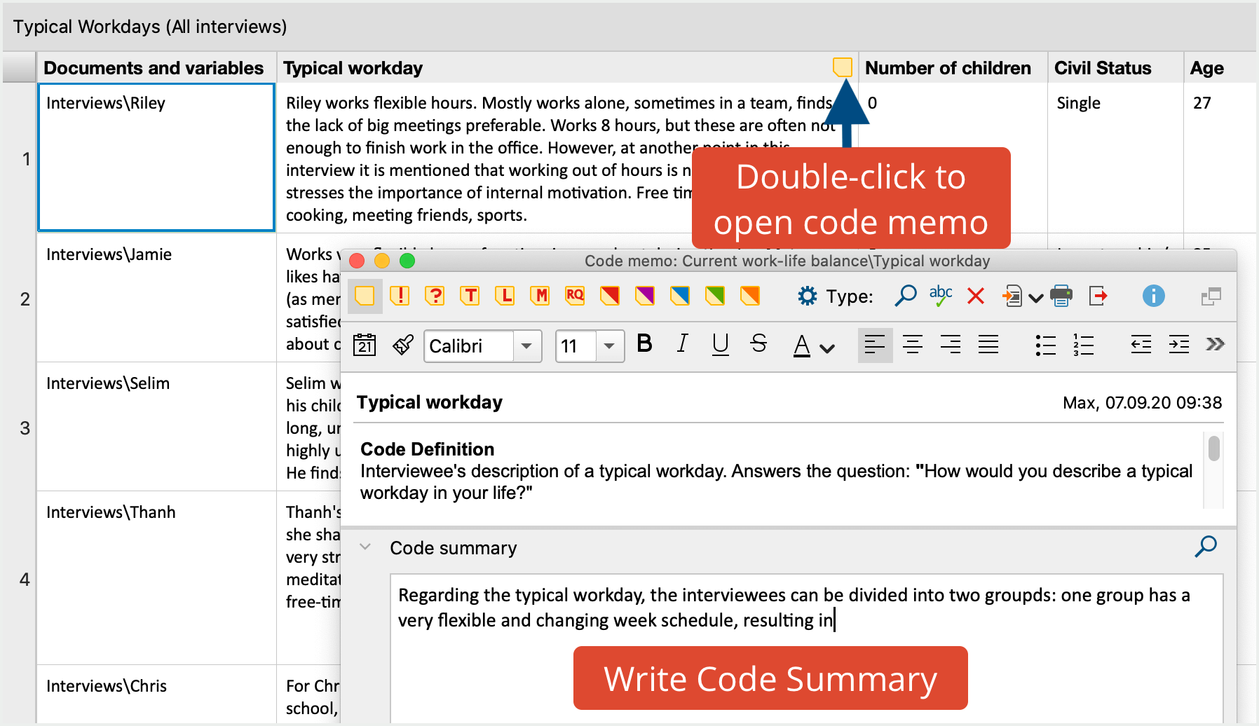 Writing Code Summaries in the code memo Writing Code Summaries in the code memo