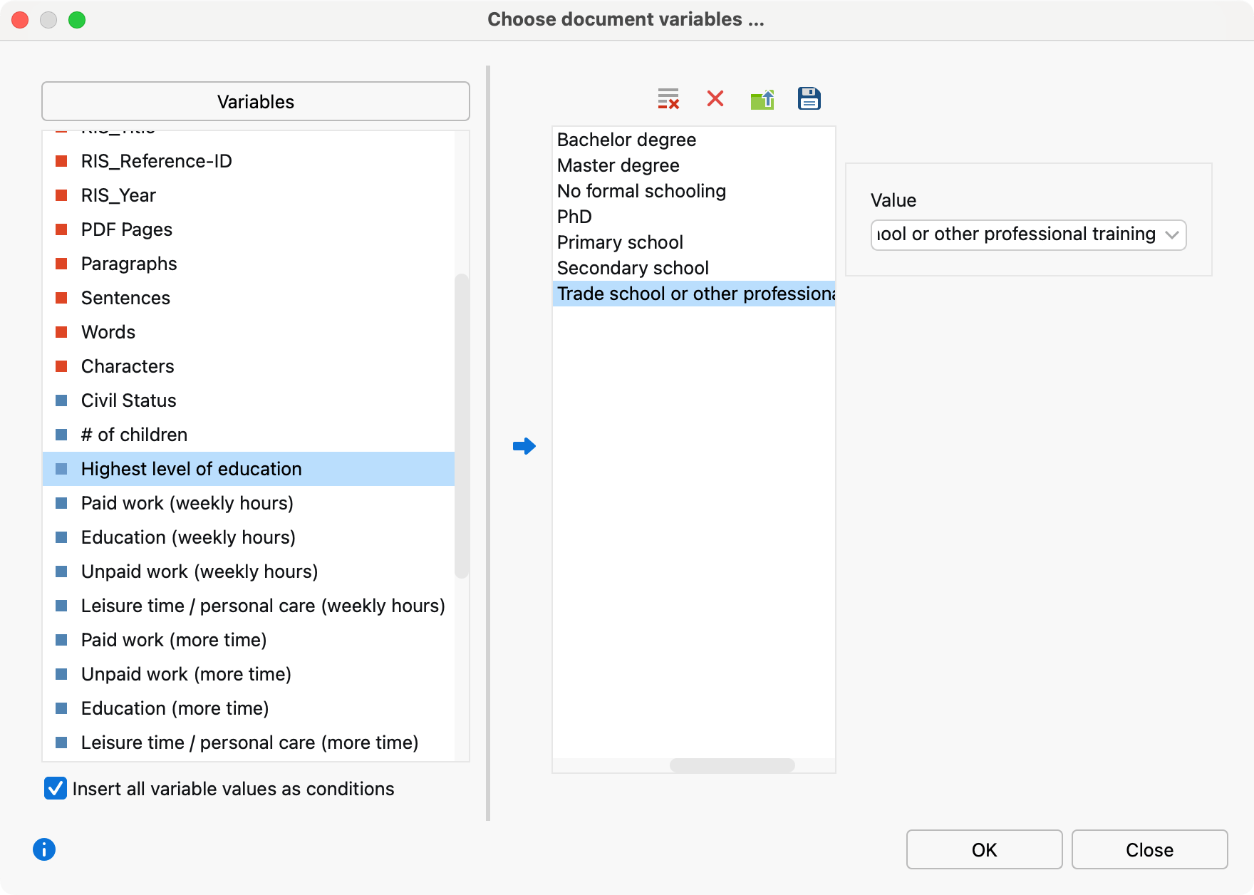 Choose document variables for the Joint Display “Statistics by qualitative groups“ Choose document variables for the Joint Display “Statistics by qualitative groups“